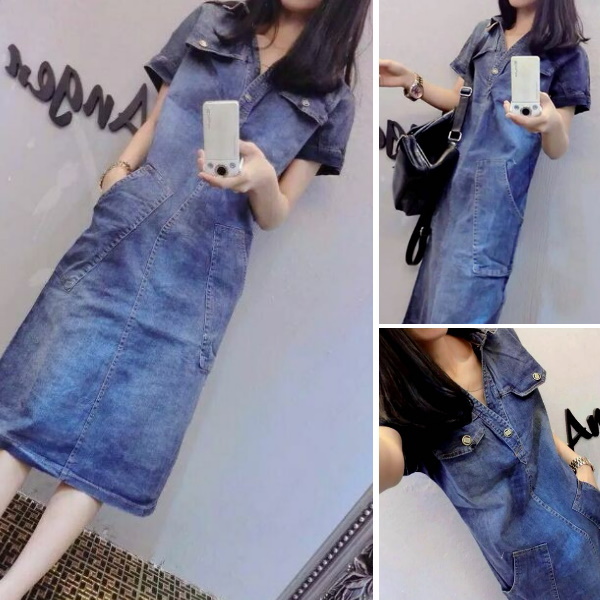 M-3XL時尚個性顯瘦V領口袋牛仔短袖洋裝-優美依戀