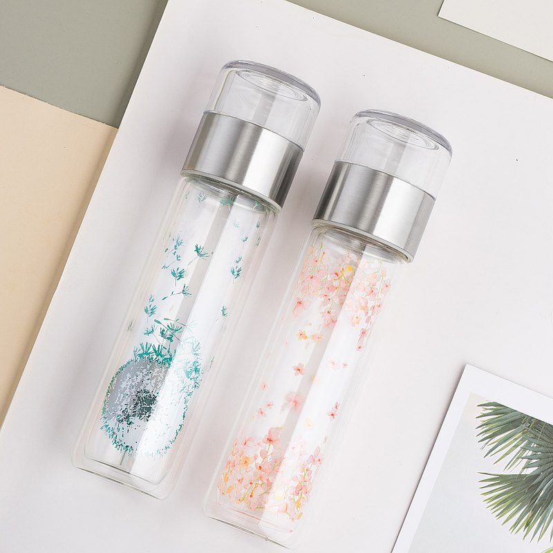 【第一次來的朋友記得關注我們，有優惠券喔】 【台灣訂單會從台灣寄出，不需要實名認證】 【茶葉浸泡太久，不但會變得苦澀，而且對身體有害】 櫻花/蒲公英兩款印花設計。高硼矽玻璃製造。獨立的茶格設計，可以靈