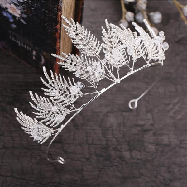 618年㊥大促 新娘新款韓式發飾滿鉆葉子皇冠發箍銀色耳墜套裝婚禮服頭飾品