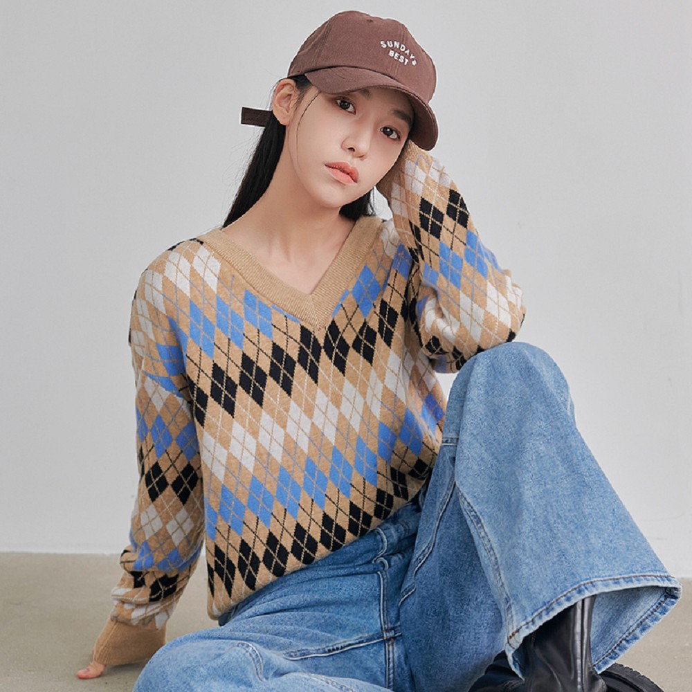 針織上衣 撞色菱格質感長袖針織衫GQ11129A-創翊韓都