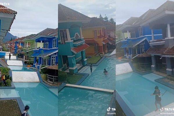 Viral Jalan Kompleks Perumahan Disulap Jadi Kolam Renang. (Tiktok/@izammfahdian)