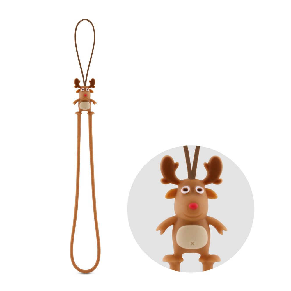 。可愛紅鼻麋鹿，可愛百分百～♪ 。超彈力的吊繩採環保矽膠可水洗 。表面無金屬外露，材質柔軟無刮傷機身之慮。適用於MP3、數位相機、PDA、手機、隨身型數位裝置