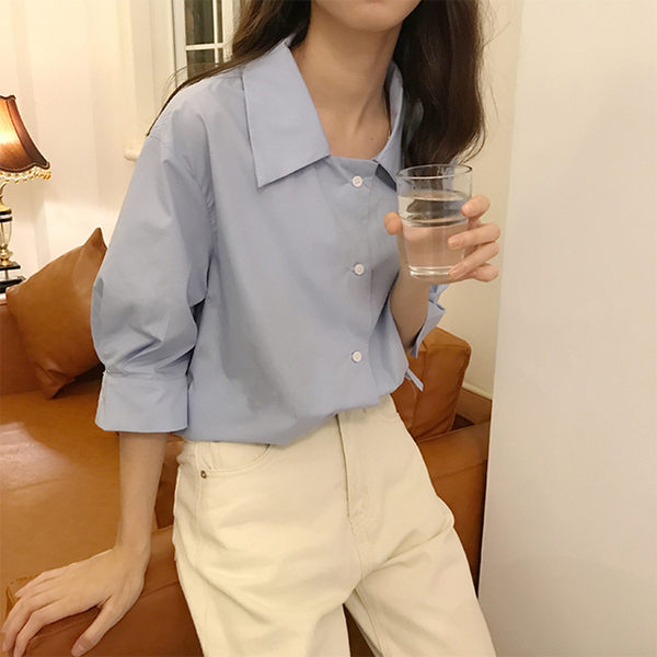 現貨 2019新款春夏時尚港風chic氣質簡約純色基礎色系短袖襯衫 女裝 潮 短袖襯衫 襯衫 上衣