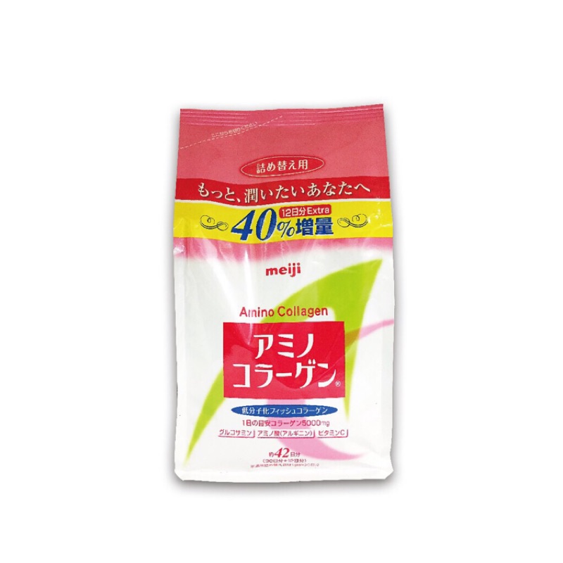 明治meiji 膠原蛋白粉補充包增量版42日份 300g 《補充包 300g》 內容物/規格：300g 賞味期限： 2019.08.05 成份：魚膠原蛋白, 麥芽糊精, 植物油, 維生素C, 葡萄糖胺