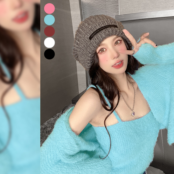 SISI【E22001】1+1上衣套裝-仿貂毛透膚針織長袖毛衣罩衫外套細肩帶半截短版露腰小可愛背心