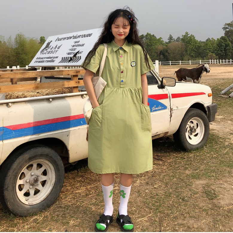 29486 彩色扣子小刺繡短袖洋裝 寬鬆小清新中長款連衣裙 薄荷女裝