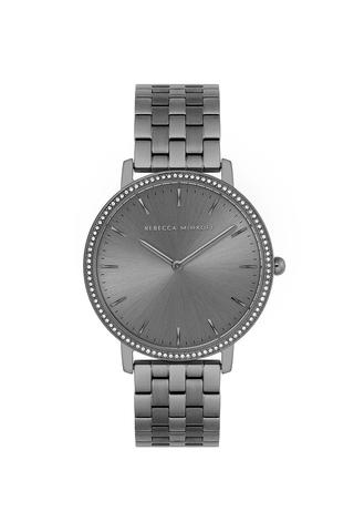 Rebecca Minkoff's wide-face Major watch in 35mm grey tone sunray dial pairs with a classic menwear-i