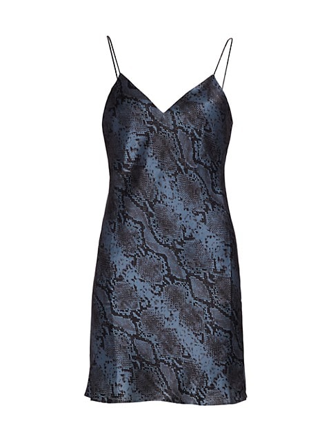 A sleek snakeskin print defines this luxe silk slip giving the flirty mini a statement finish.; V-ne