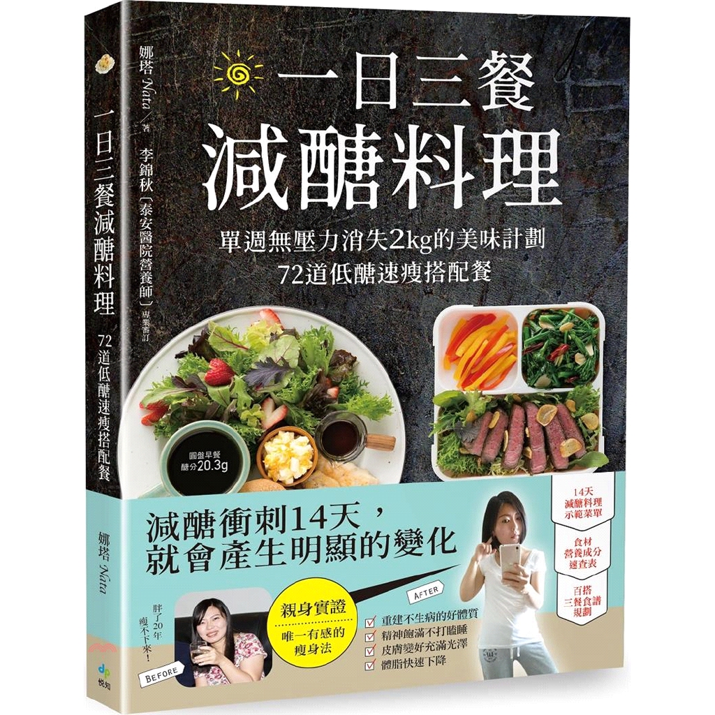 書名：一日三餐減醣料理：單週無壓力消失2kg的美味計劃，72道低醣速瘦搭配餐定價：380元ISBN13：9789578787322出版社：悅知作者：娜塔裝訂／頁數：平裝／240版次：1規格：23cm*