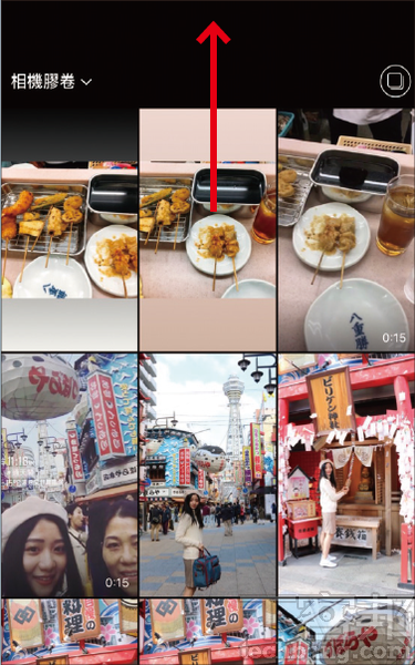 1.首先示範一次新增多張照片的方法，開啟 Instagram 新增限時動態，由下往上滑從相機膠卷中選擇第一張圖片或影片。