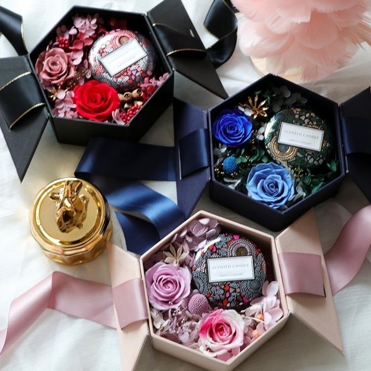 永生花 永生花香薰蠟燭禮盒diy手工材料包情人節生日禮物六角花盒伴手禮