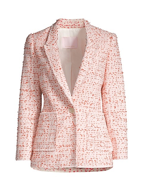 Classic tweed takes shape in this structured blazer jacket.; Peak lapel; Long sleeves; Single-button