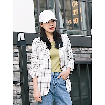 拼色細條格紋西裝外套-OB大尺碼