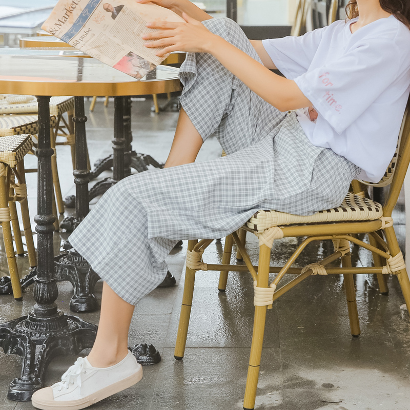 螞蟻Q娃格子褲女闊腿褲女垂感2020新款夏學生韓版寬鬆直筒褲子