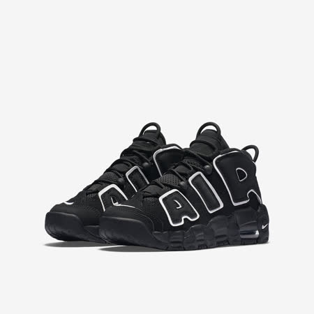 品牌: NIKE型號: 415082-002品名: Air More Uptempo GS特點: 大AIR 90年代 復古 氣墊 避震 大童 黑白