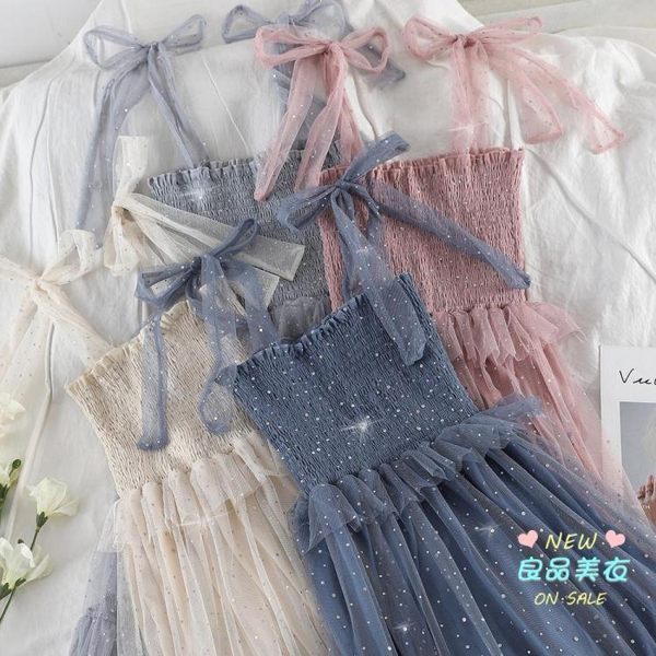 網紗裙 夏韓風網紗亮片很仙的洋裝女露肩髮帶裙修身髮帶中長款裙子 5色