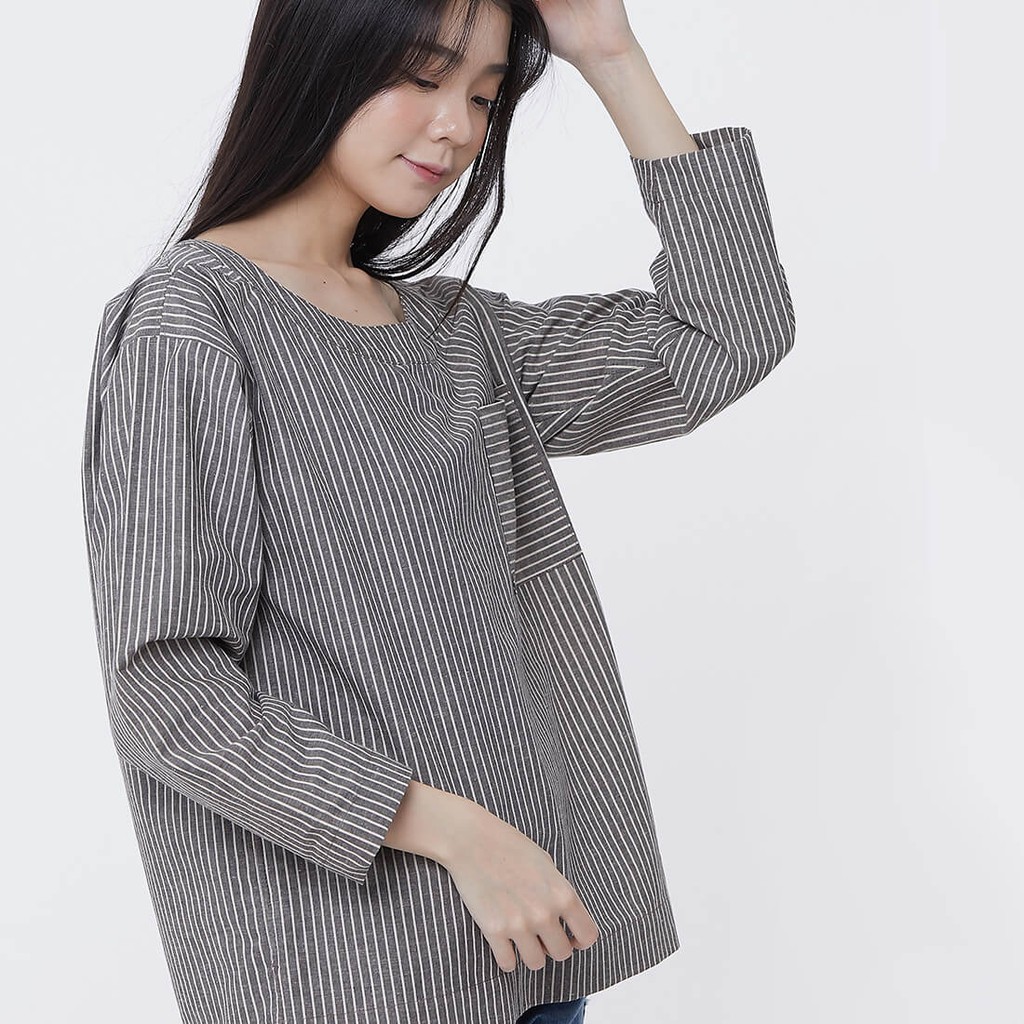 Eva棉麻條紋口袋極簡上衣/深灰