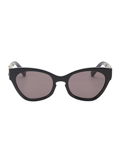 90's-inspired cat eye glasses with gold panther detail; 53mm lens width; 20mm bridge width; 145mm te