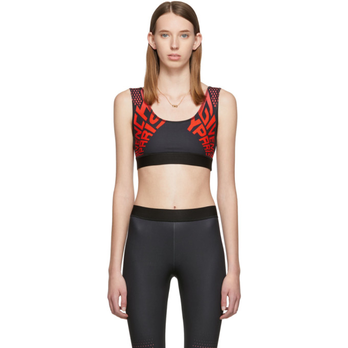 Stretch technical jersey bra in black. Logo printed in red at front and back. Elasticized hem. Suppl