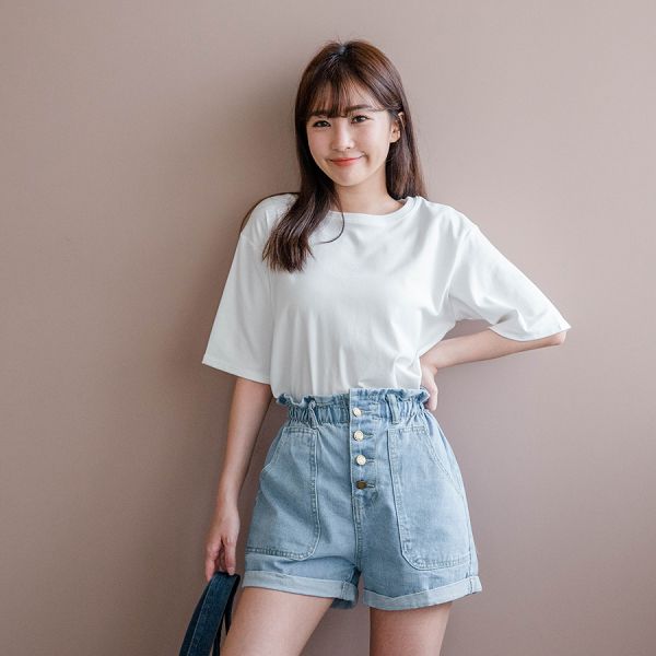 ★現折100↘$350★MIUSTAR 鬆緊花苞腰頭四釦大口袋反褶牛仔短褲(共2色)0526預購【NH1380】