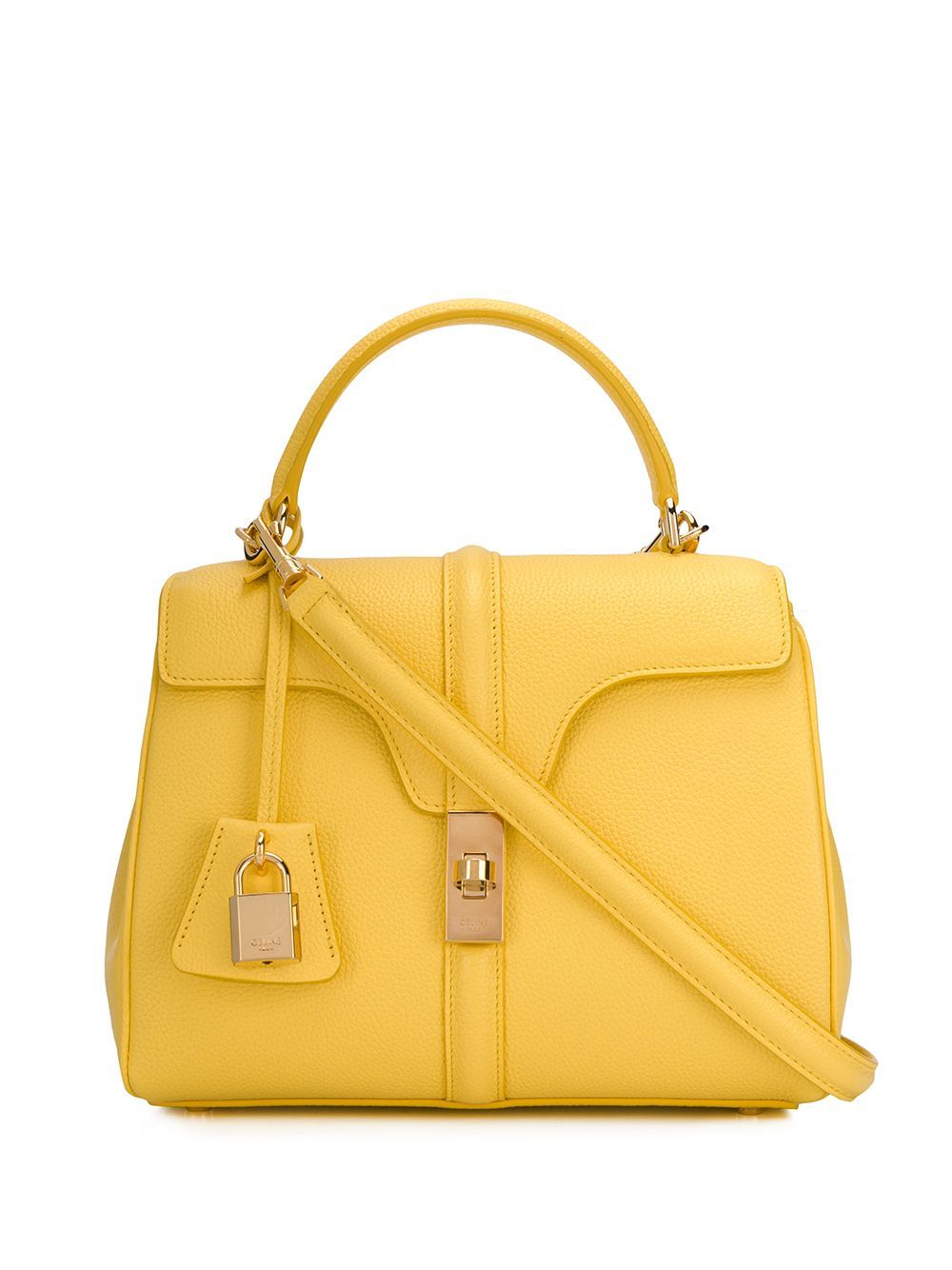 Yellow leather lock charm tote bag from Celine featuring a round top handle, foldover top with twist