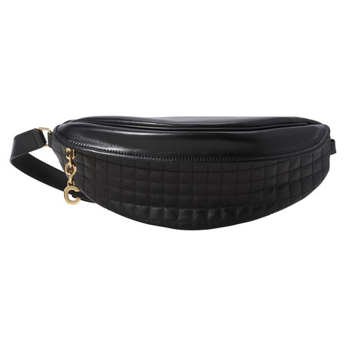 This C charm belt bag in quilted calfskin is designed by Celine. We wear this quilted leather piece