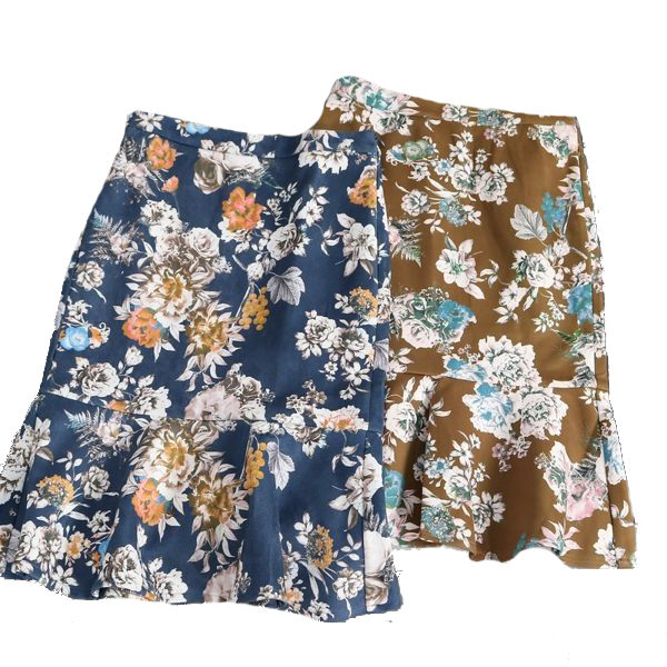 麂皮絨花印魚尾荷葉下擺及膝裙 (咖啡 湛藍) 11940015