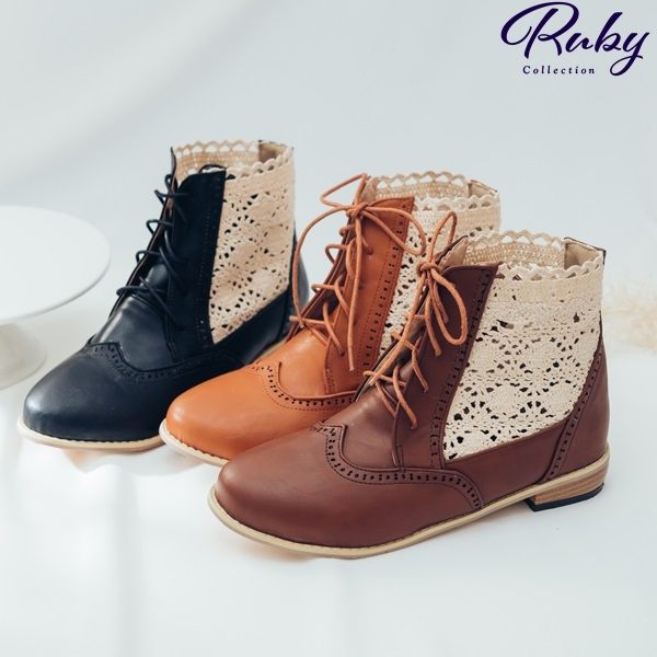 靴子 鏤空蕾絲拼接皮革綁帶蝴蝶結短靴-Ruby s露比午茶