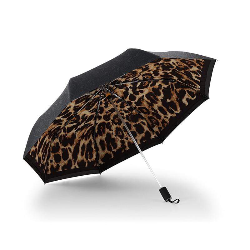 抗UV零透光智能防曬-經典豹紋遮陽防曬降溫傘 -雙層三折傘-咖啡
