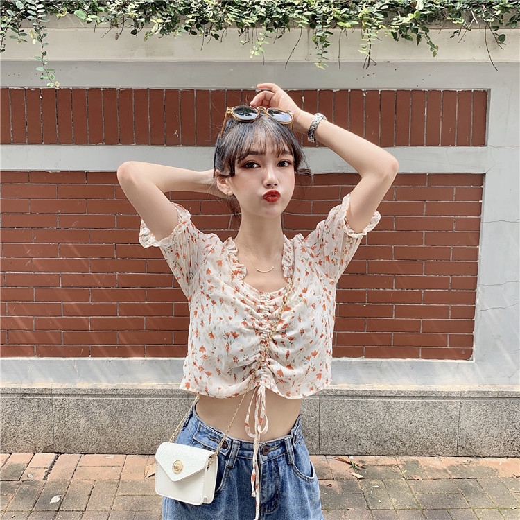 韓版夏季新款生性感胸抽繩印花露臍上衣女