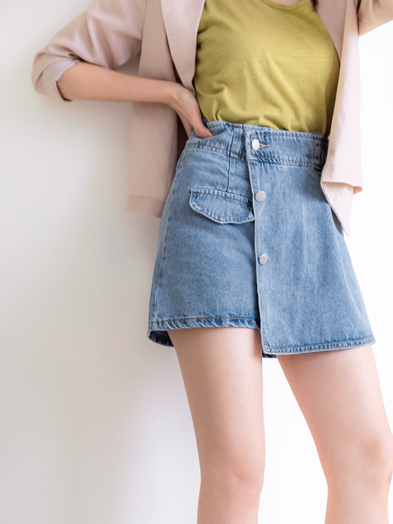 高含棉高腰不對稱排釦A字牛仔褲裙
