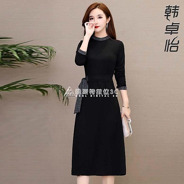 貴夫人年早春新款顯瘦寬松氣質長袖洋裝洋氣中長款裙子時尚