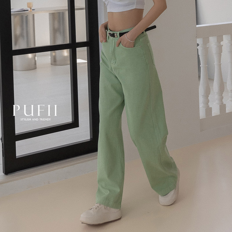 新品SALE◆PUFII-牛仔褲 單釦後皮標直筒天絲牛仔長褲寬褲(附皮帶)-0615 現+預 夏【CP25424】