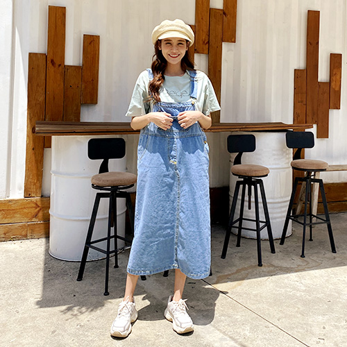 基本款多口袋牛仔吊帶裙