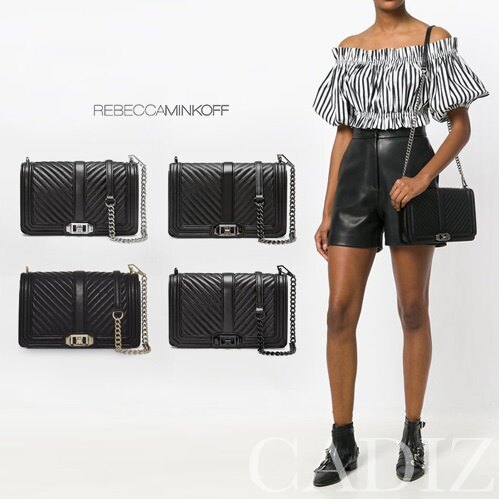 現貨美國正品 Rebecca Minkoff Chevron Quilted Love 黑色斜紋金銀鐵灰釦鍊條肩側背包