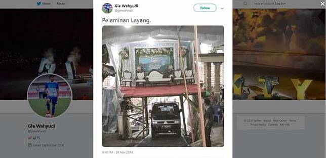 Unggahan @giewahyudi terkait pelaminan melayang via Twitter
