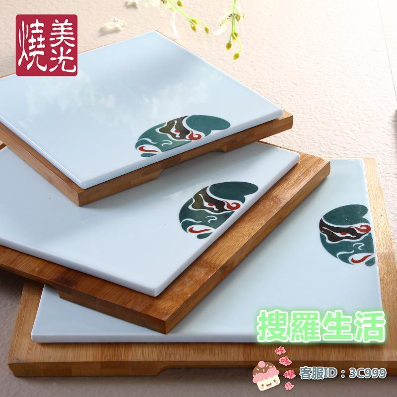 青墨水青瓷四方平盤方形平底盤子中式餐廳餐盤冷菜盤炒飯盤新品 - 臉譜中號25.5x0.7cm不含竹板