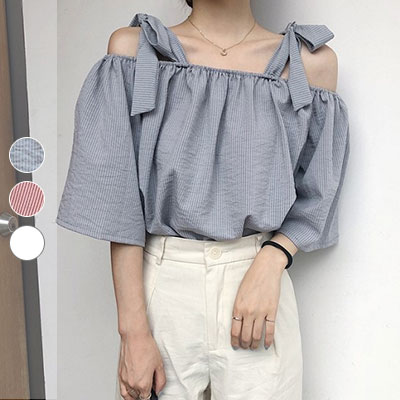50%OFF SHOP甜美一字領蝴蝶結綁帶上衣【005572BAAA】