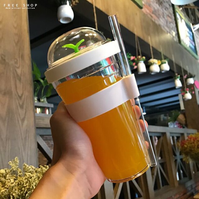 Free Shop 創意樹苗簡約可愛風環保塑膠吸管水杯 吸管杯 果汁杯 奶茶杯 防漏 環保隨行杯【QAGU40015】