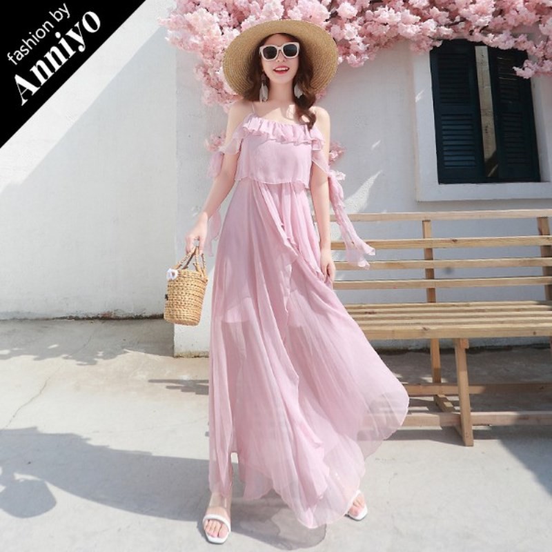 【Anniyo安妞】春夏夢幻波西米亞細肩帶綁帶綁袖純色荷葉邊雪紡海邊度假長裙沙灘裙長洋裝 粉色