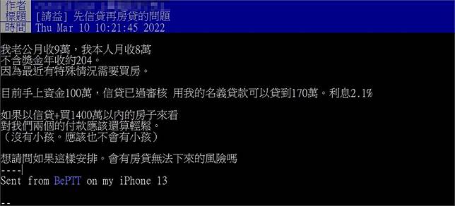 原PO表示夫妻兩人存款100萬，想購入1400萬的房子。（圖／翻攝自PTT）