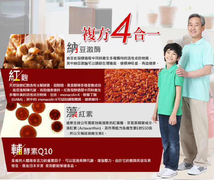 可促進新陳代謝維護身體循環，是您青春美麗及健康維持之絕佳聖品 通過SGS檢驗，不含麴黴素 一顆2000FU達食用劑量 大魚大肉作息不正常長年必備 完整保留納豆與紅麴的生物活性成分 商品名稱：:遠東生技