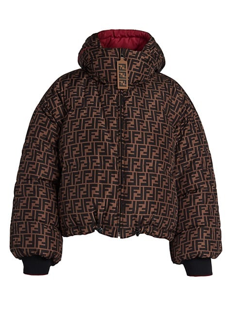 Sport-luxe in feel, this cropped puffer is reversible: one side is brown and printed with FF logo al