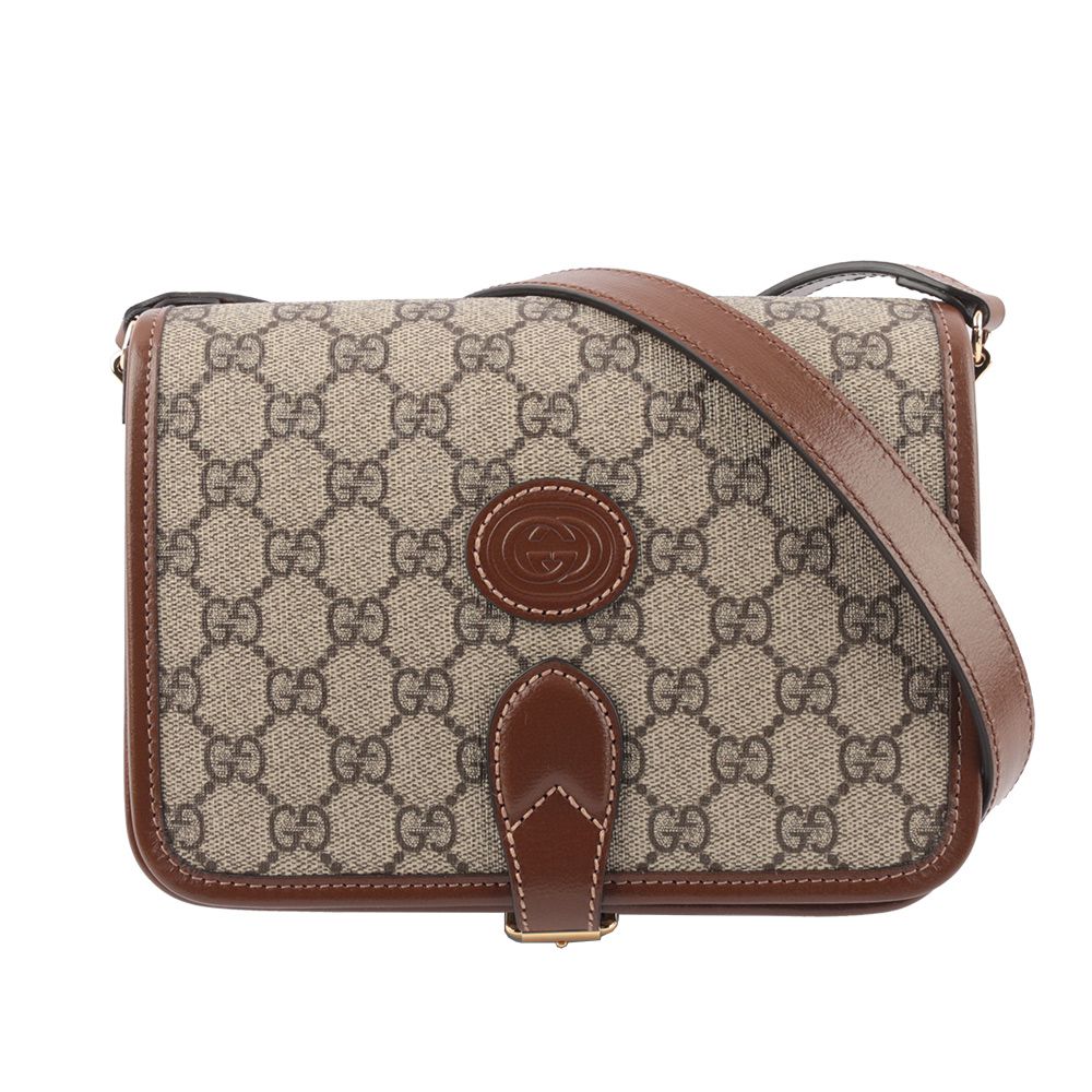 GUCCI Interlocking G 塗層帆布翻蓋迷你馬鞍斜背包（棕色） -廠商直送
