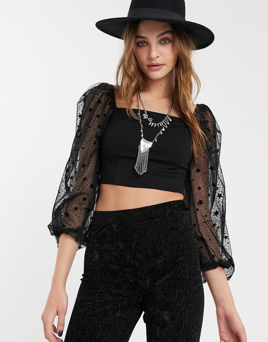 Top by Topshop Add an edge to your look Square neck Mesh sleeves Cropped length Regular fit True to 