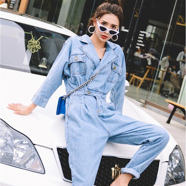 牛仔連身褲女好康推薦秋新款正韓連身褲顯瘦高腰寬鬆時尚街拍bf工裝褲