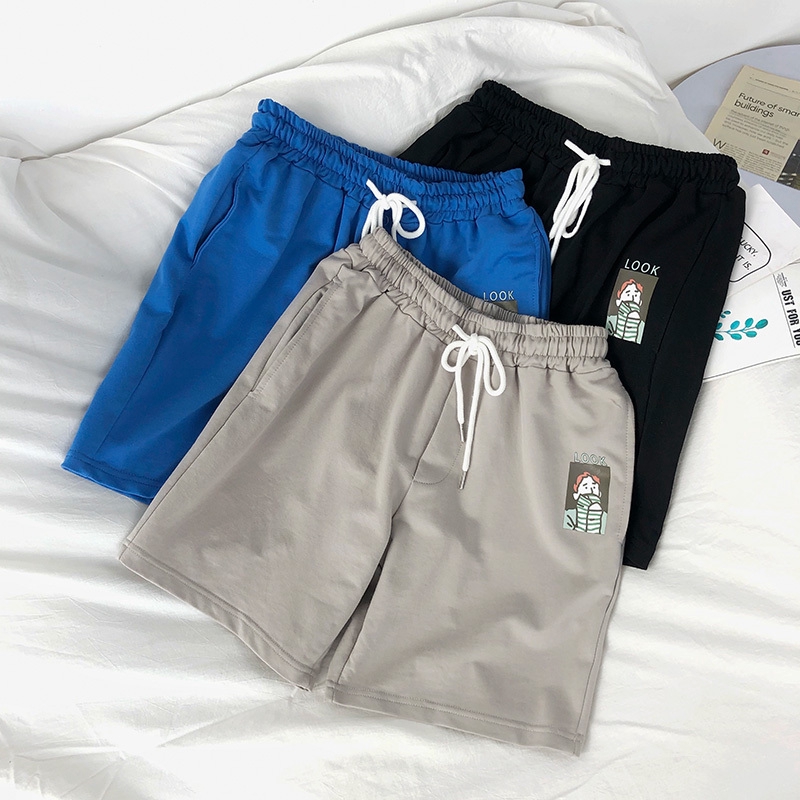 2019韓系小清新潮流日系卡通印花休閒短褲 青少年學院風寬鬆直筒五分褲 舒適百搭運動哈倫褲 海灘褲 正韓褲子 男生衣著