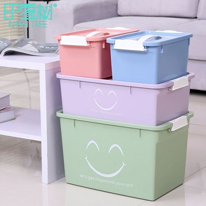 炫彩帶蓋塑料整理箱書本零食化妝品儲物盒衣櫃內衣物收納盒四件套DF 母親節禮物