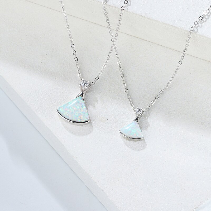 925純銀項鍊蛋白石吊墜-炫彩小裙子扇形鑲鑽女飾品2款74bu85【獨家進口】【米蘭精品】