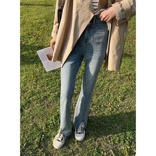 直筒褲 柒柒家 新款韓系百搭顯瘦高腰二粒扣直筒褲女開叉微喇牛仔褲